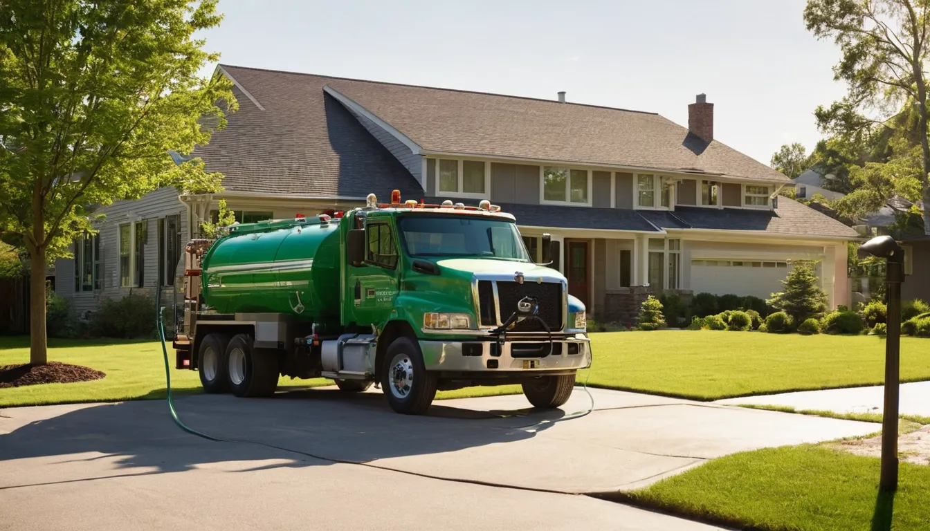 A pumper truck parked near a ranch home with a tidy lawn in Dallas